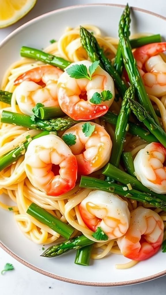 Garlic butter asparagus and shrimp with angel hair pasta, garnished with parsley and lemon.
